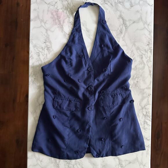 Maeve Navy Linen Blend Floral Detail Halter Vest Top Women's Size XL NEW - Picture 3 of 9
